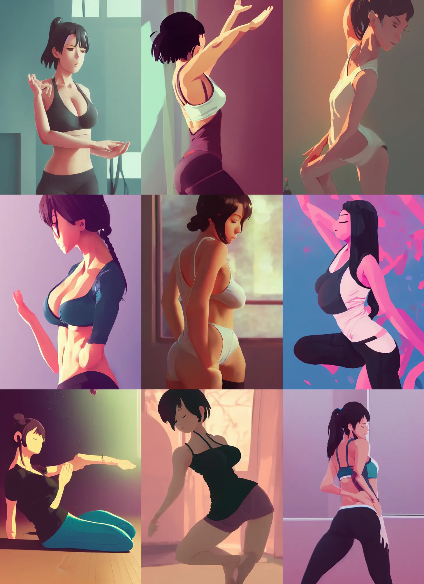 Prompt: very detailed photo of sexy yoga instructor, anime, beautiful, pretty face, curvaceous, 4 k, cinematic lighting, highly detailed, sharp focus, artstation, masterpiece, art by atey ghailan