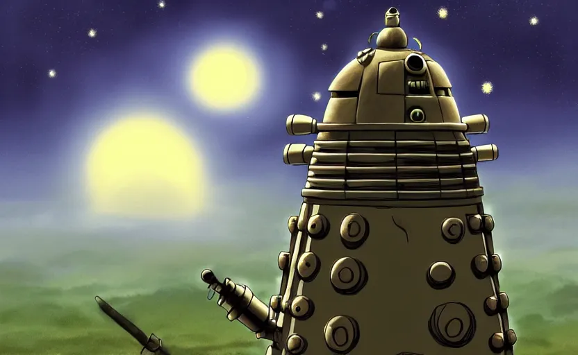 Image similar to a cell - shaded studio ghibli concept art study of a dalek on a misty starry night. very dull colors, hd, 4 k, hq