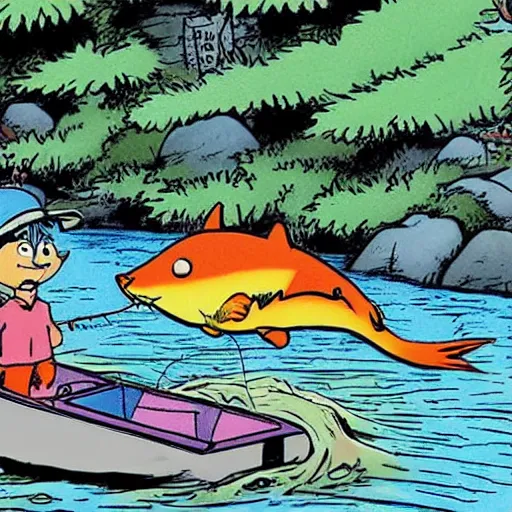 Image similar to cartoon cat fishing in a river while in a boat, cartoon network, illustrated by Bill Watterson in stunning color