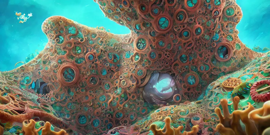 Image similar to of an intricate sea reef with strange cute friendly happy creatures with huge eyes, mouth, long tongue, round teeth and goofy face, appearing from the background, in the style of gehry and gaudi, macro lens, shallow depth of field, ultra detailed, digital painting, trending artstation, concept art, illustration, cinematic lighting, photorealism, epic, octane render