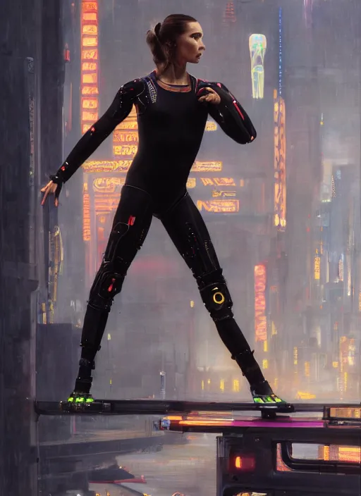 Prompt: cyberpunk olympic gymnast with robotic arms wearing a jumpsuit ( blade runner 2 0 4 9, cyberpunk 2 0 7 7 character design ). orientalist portrait by john william waterhouse and james gurney and theodore ralli and nasreddine dinet, oil on canvas. cinematic, hyper realism, realistic proportions, dramatic lighting, high detail 4 k