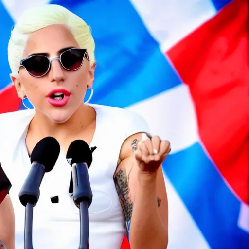 Image similar to Lady Gaga as president, Argentina presidential rally, Argentine flags behind, bokeh, giving a speech, detailed face, Argentina