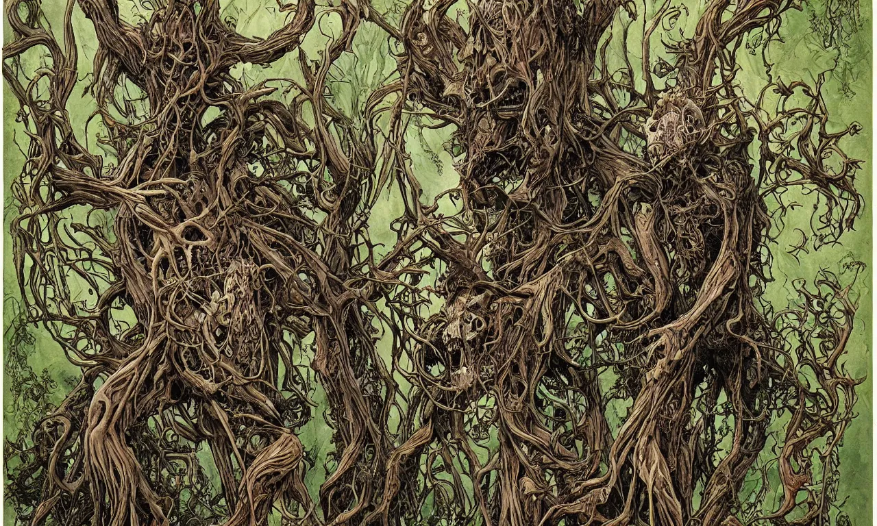 Image similar to hyperdetailed art nouveau portrait of treebeard and old groot as a cthulhu eyeball moose skull wendigo swamp thing cryptids, by michael kaluta, simon bisley and bill sienkiewicz, photorealism, claws, skeleton, antlers, fangs, forest, wild, bizarre, scary, lynn varley, lovern kindzierski, steve oliff