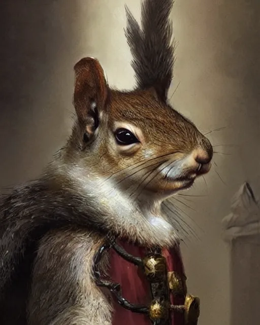 Image similar to a portrait of a squirrel dressed like a [ roman empire ] senator!, art by greg rutkowski and artgerma, stunning! concept art, character design