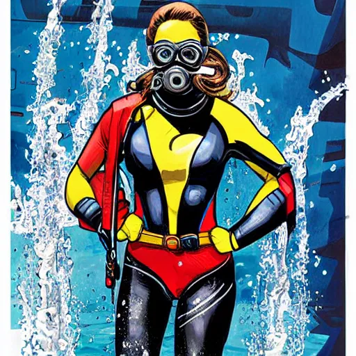 Prompt: full body painting of an underwater diver, by MARVEL comics and Sandra Chevrier