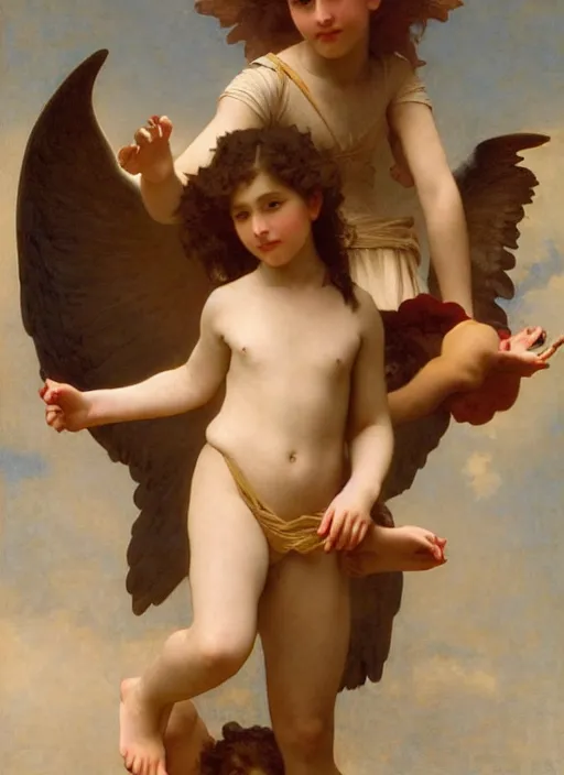 Image similar to a young girl holding the head of a monster, flying in the sky surrounded by angels, extremely realistic and highly detailed painting by william - adolphe bouguereau and caravaggio, soft light, gold ratio