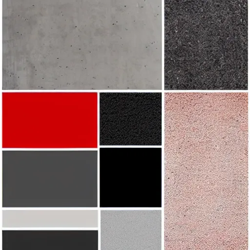 Prompt: minimalistic material sample board combining concrete, red painted metal, oak, plants, dark grey carpet, architectural finishes, pinterest, trendy, interior design