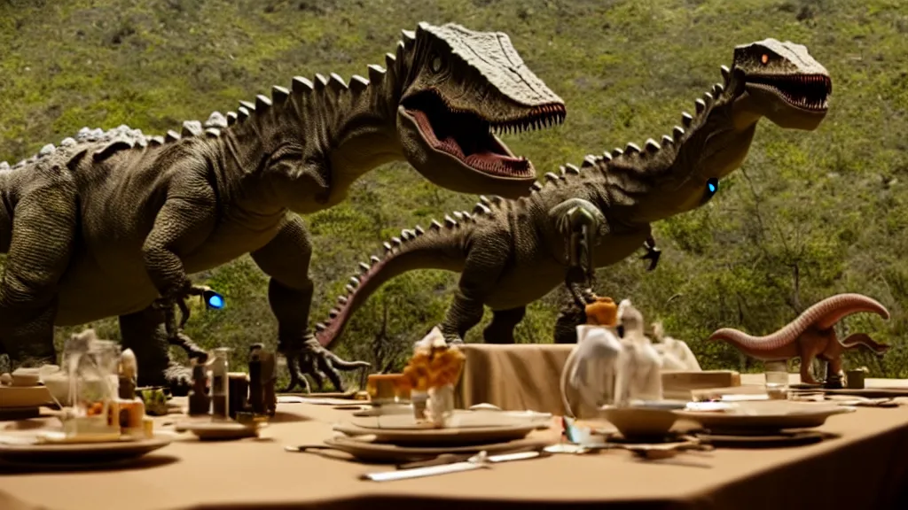 Image similar to the strange dinosaur sits at a table, film still from the movie directed by Denis Villeneuve with art direction by Salvador Dalí, long lens, shallow depth of field