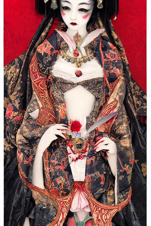 Prompt: thoth tarot card of an avant - garde japanese bjd geisha vampire queen in a victorian red dress in the style of dark - fantasy lolita fashion painted by yoshitaka amano, takato yamamoto, ayami kojima, dmt art, symmetrical vogue face portrait, intricate detail, artstation, cgsociety, artgerm, gold skulls, rococo