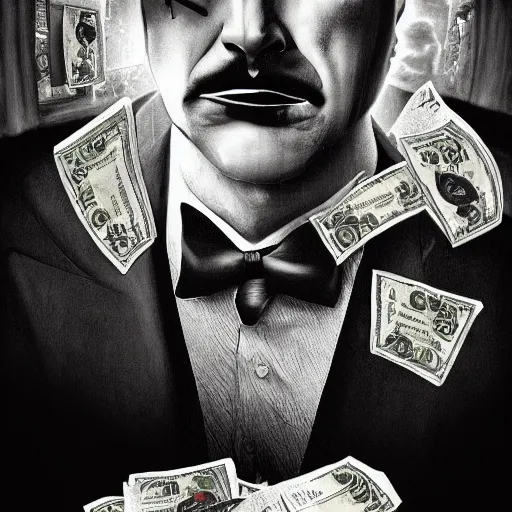 Prompt: Penguin with money movie poster, godfather, symmetrical, dark environment, smoke, realistic, highly detailed, digital art, trending on artstation,