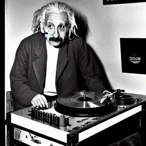 Image similar to color photograph of Albert Einstein DJing a record player at a nightclub, color photograph