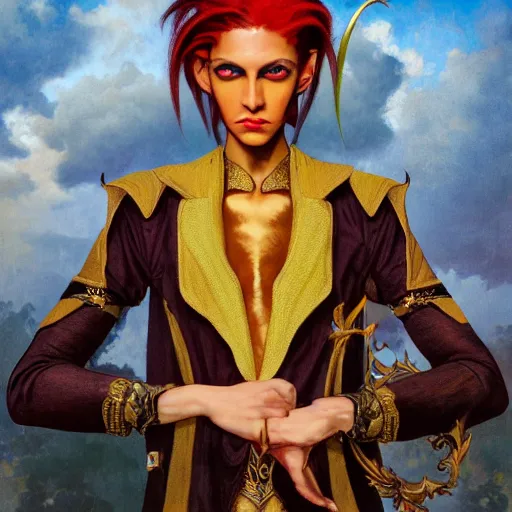 Prompt: a gorgeous and androgynous half - elf with dark skin tone and messy short red hair and catlike features with yellow eyes with slit pupils, dressed in a colorful jodhpuri suit, dnd character, golden aura, realistic portrait by ross tran and kehinde wiley and gerald brom and fernando amorsolo and alphonse mucha, trending on artstation