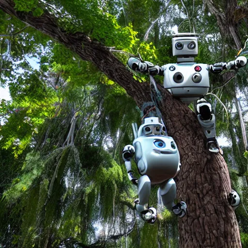 Prompt: robot's hanging from a tree, by Hayao Miyazaki 8k