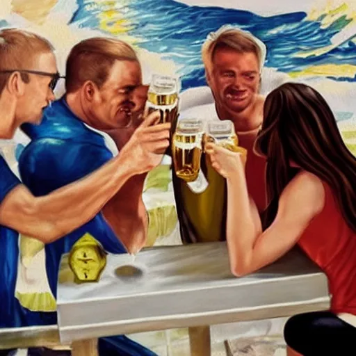 Prompt: hyper realistic paint of people drinking beer