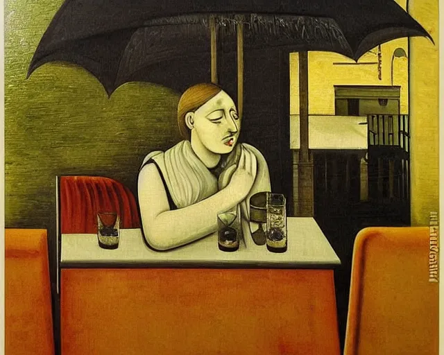 Image similar to melancholy rainy night at a cafe by de chirico