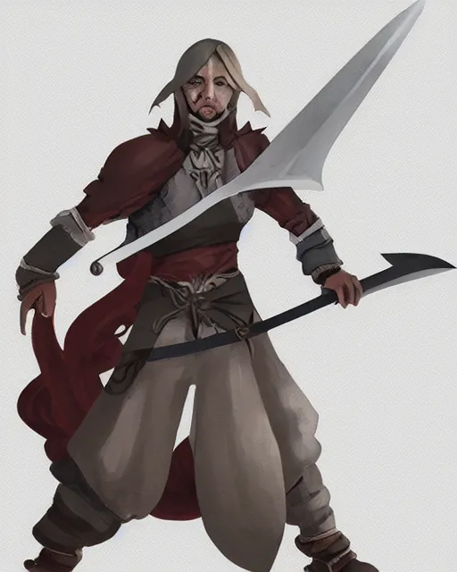 Image similar to a concept art of a D&D character, holding a small sword made by Donutello, white background