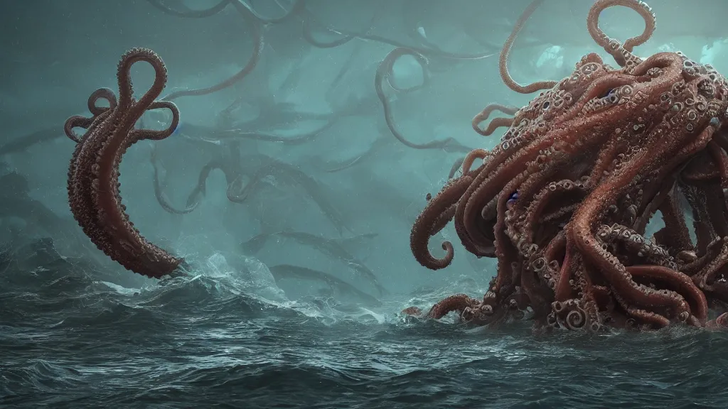 Prompt: a huge tentacled monster of the deep emerges out of the crashing waves to attack a small fishing boat, horror, trending on artstation, rendered in octane, global illumination