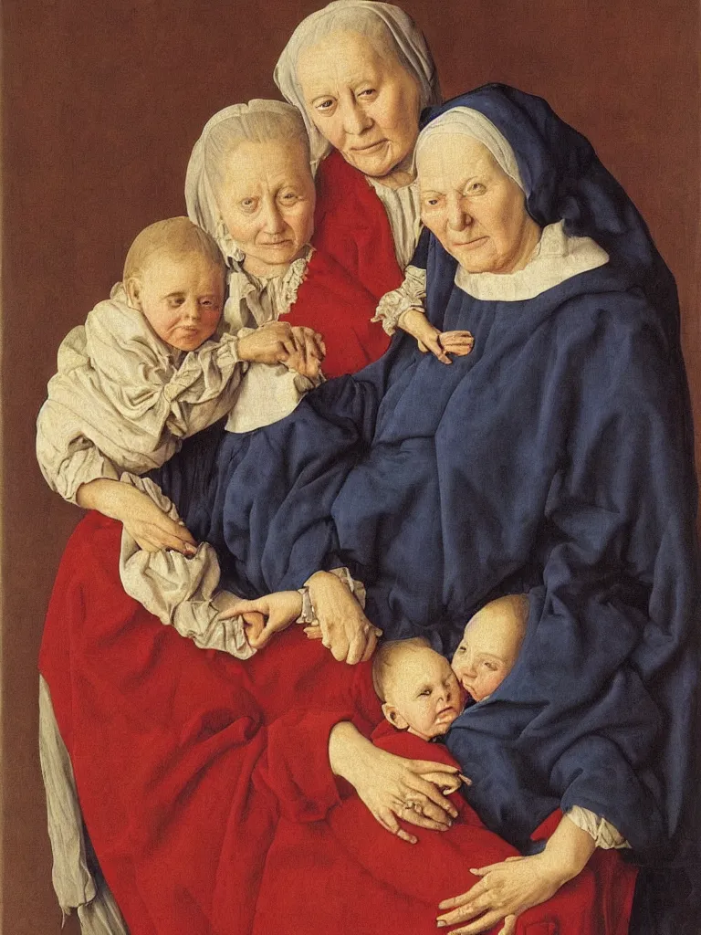 Image similar to portrait of a old woman holding a younger woman on her lap, that holds another, even younger woman, holding a girl holding a baby. painting by jan van eyck, rene magritte.