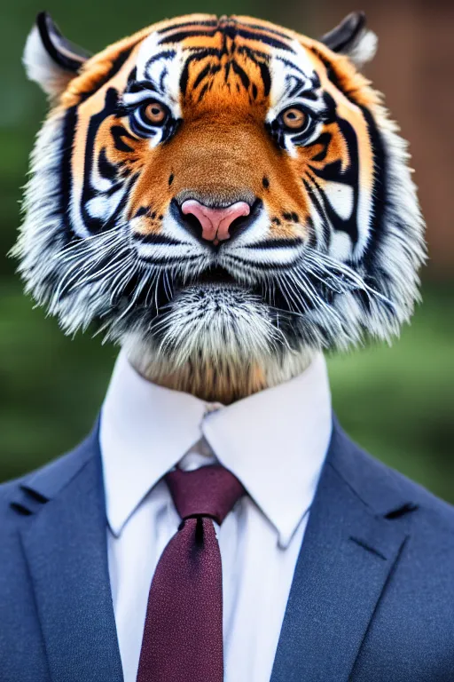 Image similar to high quality portrait photo of a tiger dressed in a dark business suit and tie, Anthropomorphic, photography 4k, f1.8 bokeh, 4k, 85mm lens