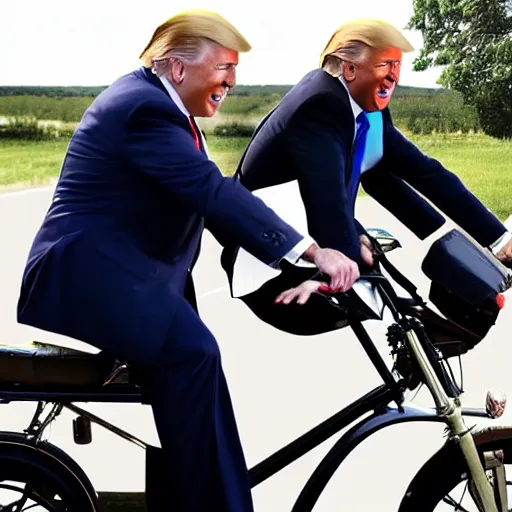 Prompt: joe biden and donald trump drunkenly riding two seater bike together, laughing and joking, photorealistic, detailed