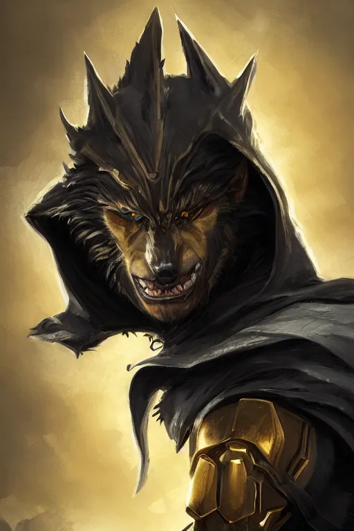 Prompt: werewolf in golden armour and black cape with hood, d & d, fantasy, portrait, highly detailed, headshot, digital painting, trending on artstation, concept art, sharp focus, illustration, art by artgerm and greg rutkowski and magali villeneuve