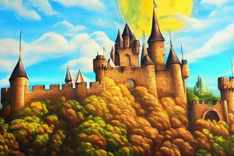 Image similar to castle, fantasy, painting, ultra realistic!!!, clear weather, golden hour, sharp focus