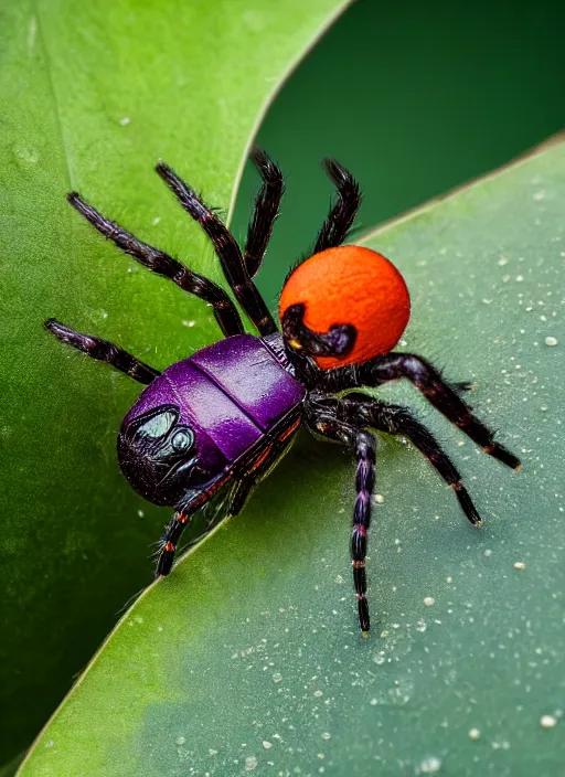 Image similar to beautiful macro photograph of a deep purple spider on a lotus flower, golden hour, golden ratio, nikon d 8 1 0, sigma 8 5 mm ƒ / 2. 5, award - winning, wet hdr refractions, insanely detailed, 8 k, * * * * *