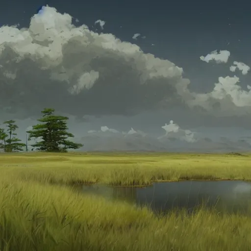 Image similar to concept art painting of a moorland swamp marsh on a plateau with mountainous forest below, realistic, detailed, cel shaded, in the style of makoto shinkai and greg rutkowski and james gurney