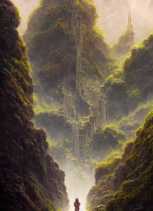 Prompt: Rivendell Himeji hallucination, amazing concept painting, by Jessica Rossier A gleaming white opera hall fortress overlooks a fertile valley, brutalist deak ferrand Jean-pierre Ugarte bases, garden of eden, by HR giger by Beksinski,