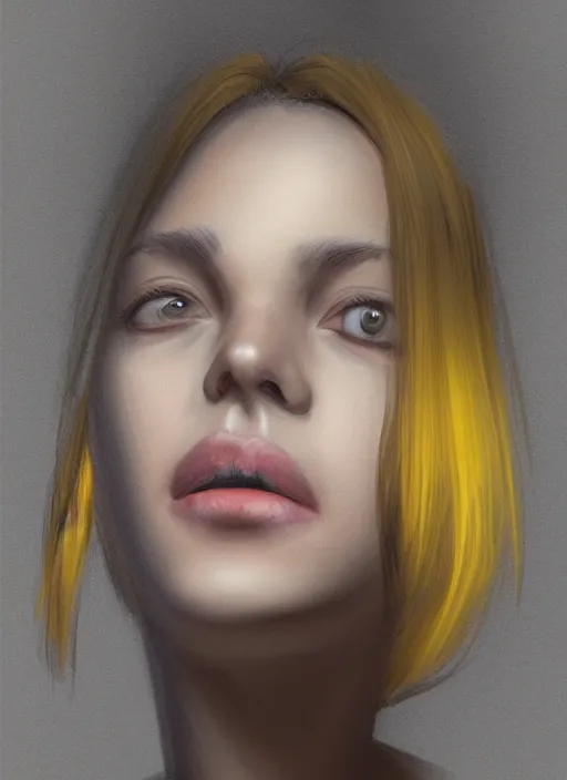 Image similar to portrait, young lady, yellow short hair, realistic, computer painting, volumetric lighting, detailed