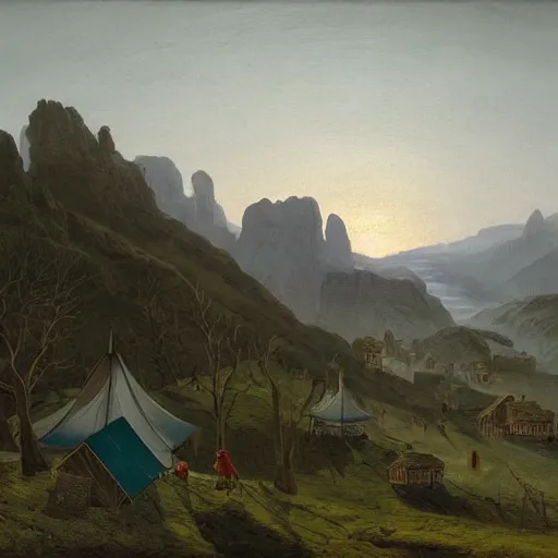 Image similar to village above the clouds, sharp pointy mountains, wooden platforms, tents, colors, misty clouds, sun at dawn, brutalism, painting by caspar david friedrich