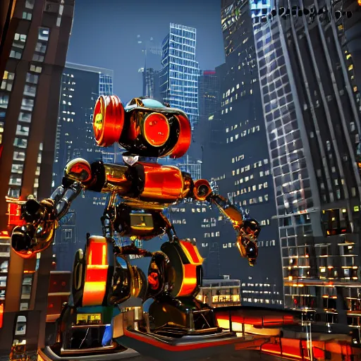 Image similar to Gigantic tin toy robot destroying new york at night, volumetric lighting, low angle looking up, unreal engine, H 1280