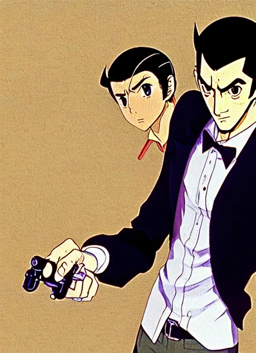 Image similar to a film still portrait of a 1 9 7 0's lupin the third, finely detailed features, closeup at the face, perfect art, in ancient city ruins, water, sun, gapmoe yandere grimdark, trending on pixiv fanbox, painted by greg rutkowski makoto shinkai takashi takeuchi studio ghibli, akihiko yoshida,