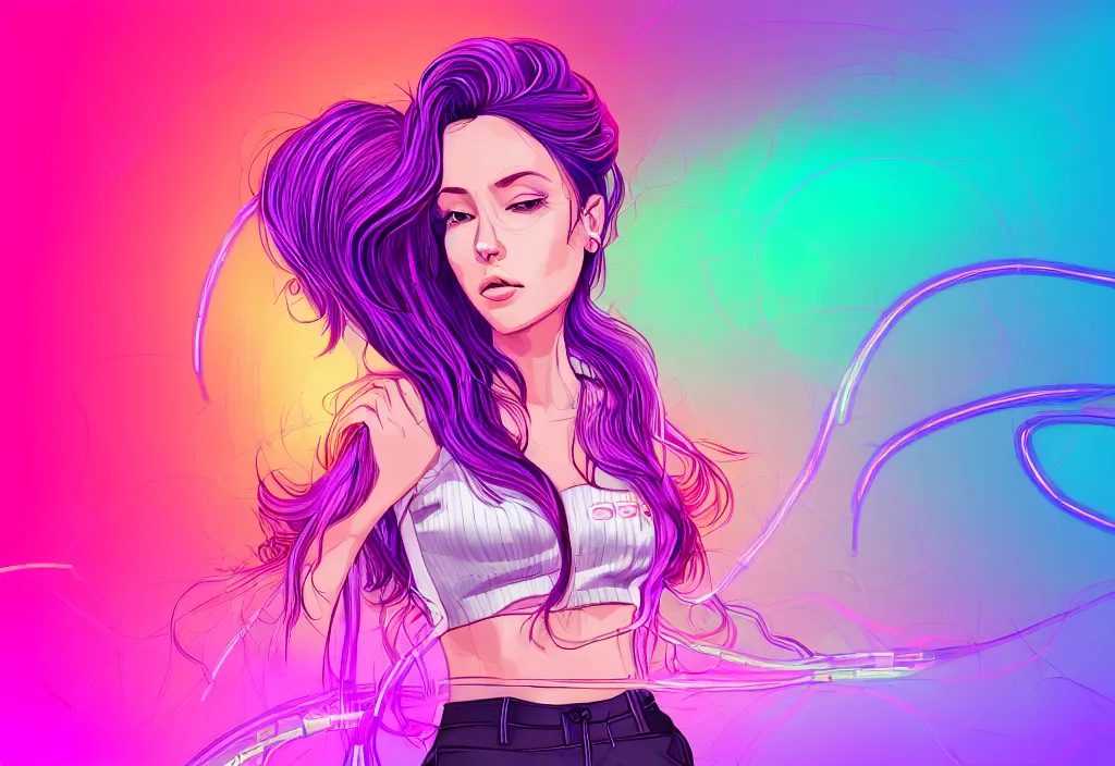 Image similar to a award winning half body portrait of a beautiful woman in a croptop and cargo pants with ombre purple pink teal hairstyle surrounded by whirling illuminated lines, outrun, vaporware, shaded flat illustration, digital art, trending on artstation, highly detailed, fine detail, intricate