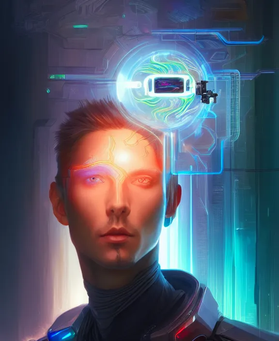 Image similar to a whirlwind inside the metaverse, guy, male, man, hologram, half body, neurochip, android, cyborg, cyberpunk face, by loish, d & d, fantasy, intricate, elegant, highly detailed, colorful, digital painting, artstation, concept art, art by artgerm and greg rutkowski and alphonse mucha