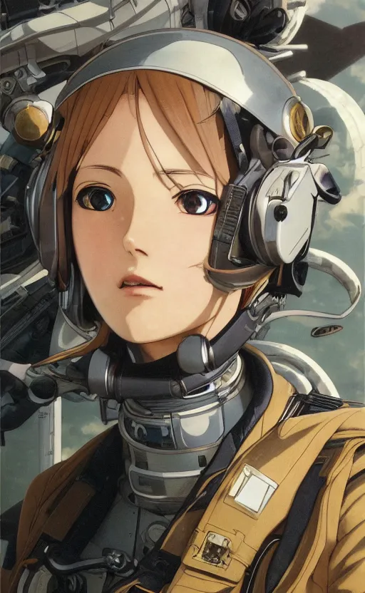 Prompt: pilot girl, cyborg aircraft parts, anime style, vintage pilot clothing, shoulder eyes, last exile anime, hair down, symmetrical facial features, from arknights, hyper realistic, 4 k, rule of thirds, extreme detail, detailed drawing, trending artstation, realistic lighting, by alphonse mucha, greg rutkowski, flight instruments