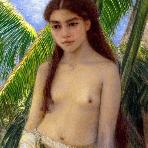 Image similar to a ultradetailed beautiful painting of a girl in the amazonas palace balustrade designed by jules bastien - lepage, tarsila do amaral, frank weston and gustave baumann, beach, trending on artstation, mediterranean, palm trees, hyper detailed face, sharp focus, soft light, 8 k 4 k