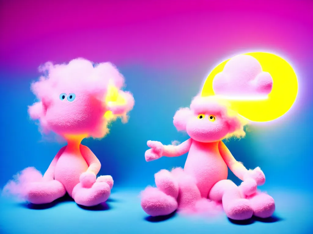 Image similar to realistic image of a light pink monster sitting on a simplistic pink fluffy cloud with yellow beams of light and a light blue background, children's tv show vintage kids channel 1 9 9 0 s 2 0 0 0 s