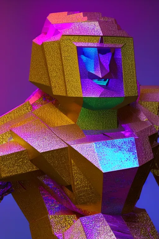 Image similar to a multicolored bismuth golem, an abstract sculpture by ryusei kishida, polycount, crystal cubism, angular, iridescent, made of crystals : : extremely high details, masterpiece, photorealistic, hyperrealism, vray, octane render, volumetric lighting, depth of field, bokeh, artstation, cgsociety