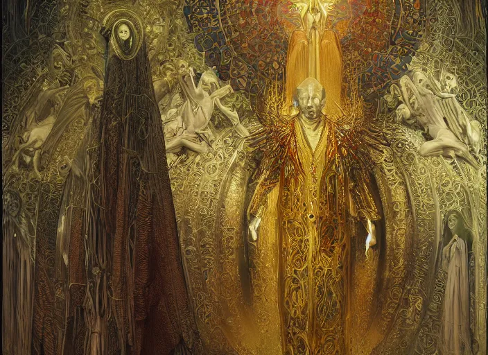 Image similar to worship of the pope, royal robe, gold trim, demons, mysticism, light effect, hyper detailed, intricate, atmospheric, elegant, photorealistic by zdzisław beksinski, iris van herpen, raymond swanland, craig mullins and alphonse mucha. hyper - real