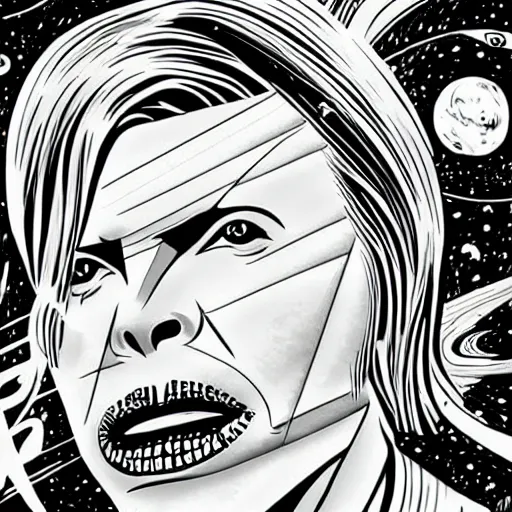 Prompt: mcbess illustration of David Bowie as a god In space , cinematic, hyper realistic, photo realistic, 4k, galaxies