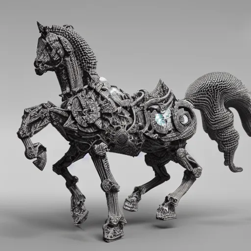 Image similar to biomechanical horse made of marble and crystal, fractal 3 d structure, intricate details, octane render, soft lighting