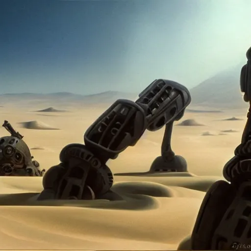 Prompt: painting of a sand landscape, futuristic, buried wreckage of biomechanical robots, oasis, 4 k. cinematic. epic.