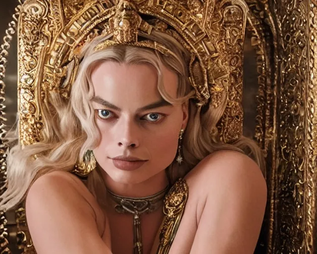 Image similar to Margot robbie as a goddess in heaven, Photography, Cinematic, Portrait, insanely detailed and intricate, hypermaximalist, elegant, ornate, hyper realistic, super detailed