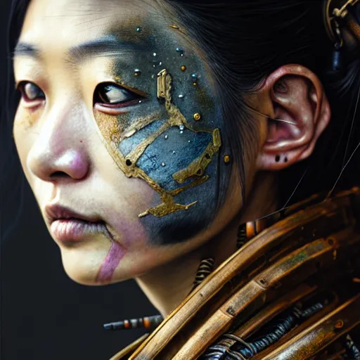 Image similar to portrait painting of a post - apocalyptic japanese lady with warpaint on her face wearing rusty samurai armor, ultra realistic, concept art, intricate details, eerie, highly detailed, photorealistic, octane render, 8 k, unreal engine. art by artgerm and greg rutkowski and charlie bowater and magali villeneuve and alphonse mucha