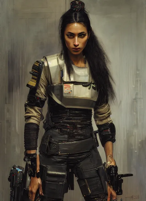 Image similar to Adriana. beautiful cyberpunk Samurai woman wearing a military vest and military jumpsuit (cyberpunk 2077). gorgeous african face. Iranian orientalist portrait by john william waterhouse and Edwin Longsden Long and Theodore Ralli and Nasreddine Dinet, oil on canvas. Cinematic, hyper realism, realistic proportions, dramatic lighting, high detail 4k