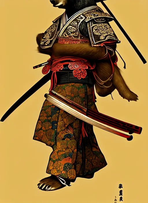 Prompt: anthropomorphic samurai bear, dramatic pose, diffuse lighting, fantasy, intricate, highly detailed, lifelike, photorealistic, digital painting, artstation, illustration, concept art, smooth, sharp focus, art by alphonse mucha and kitagawa utamaro and ogata korin and aya takano