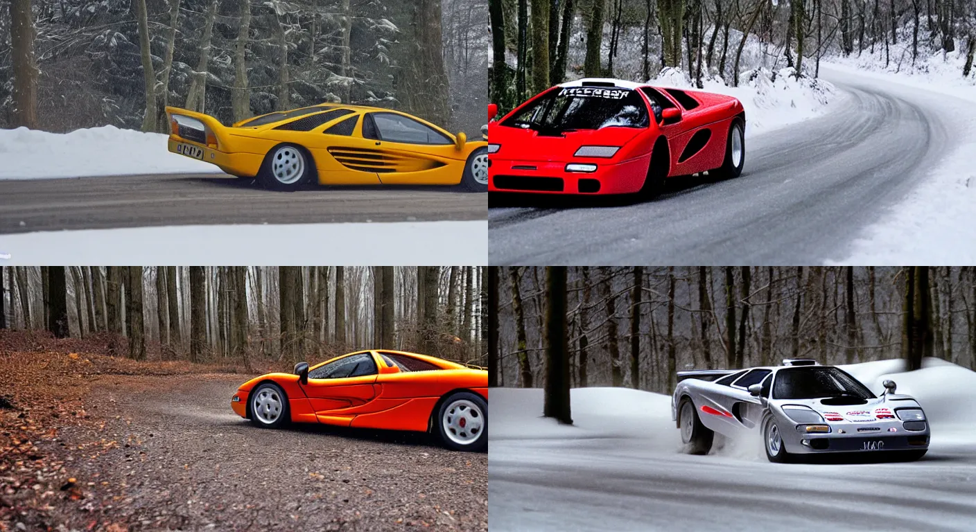 Prompt: a 1 9 9 4 mclaren f 1, racing through a rally stage in a snowy forest