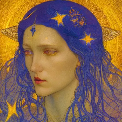 Image similar to queen of the moon with stars in her hair, by nicholas roerich and annie swynnerton and donato giancola and jean delville and dulac, dramatic lighting, god rays, geometric tattoos, rich colors, smooth sharp focus, extremely detailed, leo and diane dillon, adolf wolfli