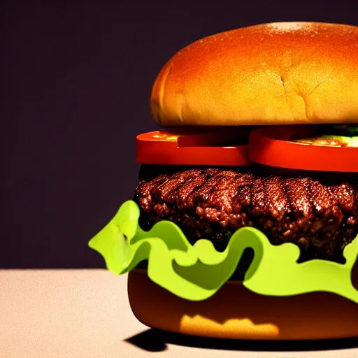 Image similar to a burger in the shape of a cat, with fries, volumetric lighting, 4 k